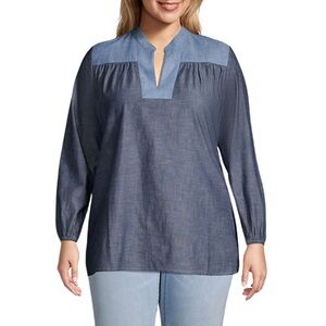 Lands End Women's Plus Size Chambray Mix Peasant Top Dark Indigo Chambray 3X